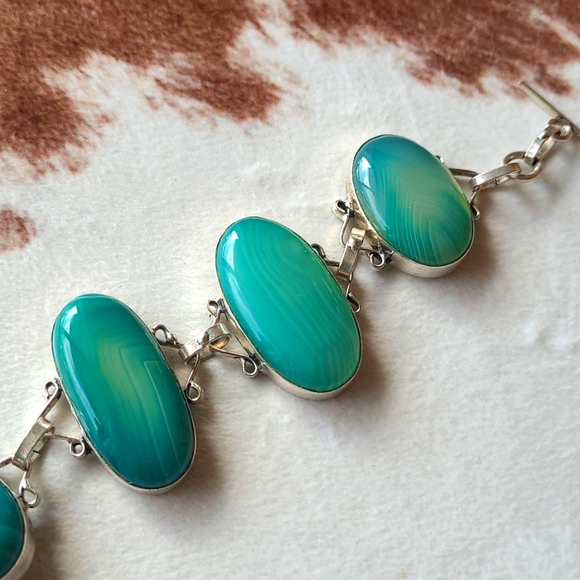 Stunning 925 Silver Green Agate Bracelet - Picture 4 of 10